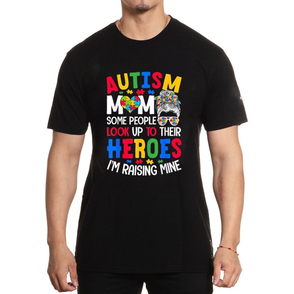 Autism Mom Raising Hero Groovy Messy Bun Autism Awareness T-Shirt